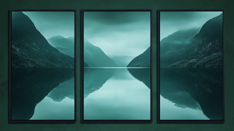 Mountain landscape design file showing full misty fjord reflection pattern