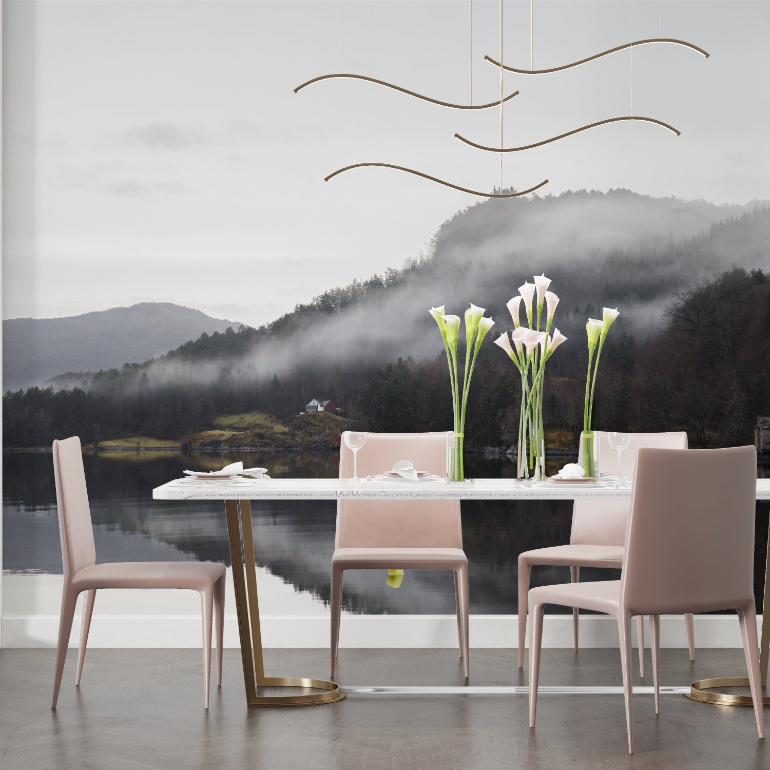 Misty forest mural in cozy bedroom setting with minimal Scandinavian furniture