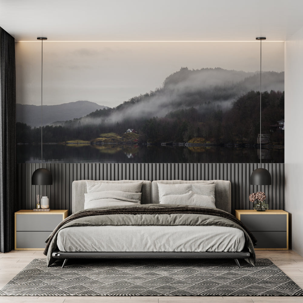 Nordic landscape wallpaper transforming home office with peaceful lake view