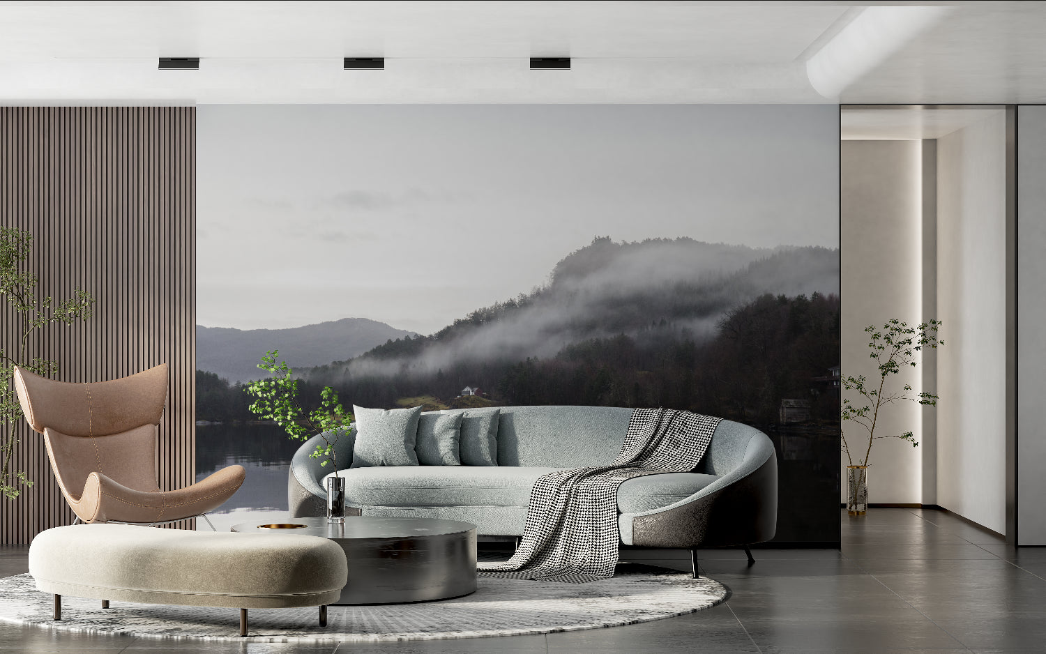 Misty forest wallpaper creating calm atmosphere in meditation room corner