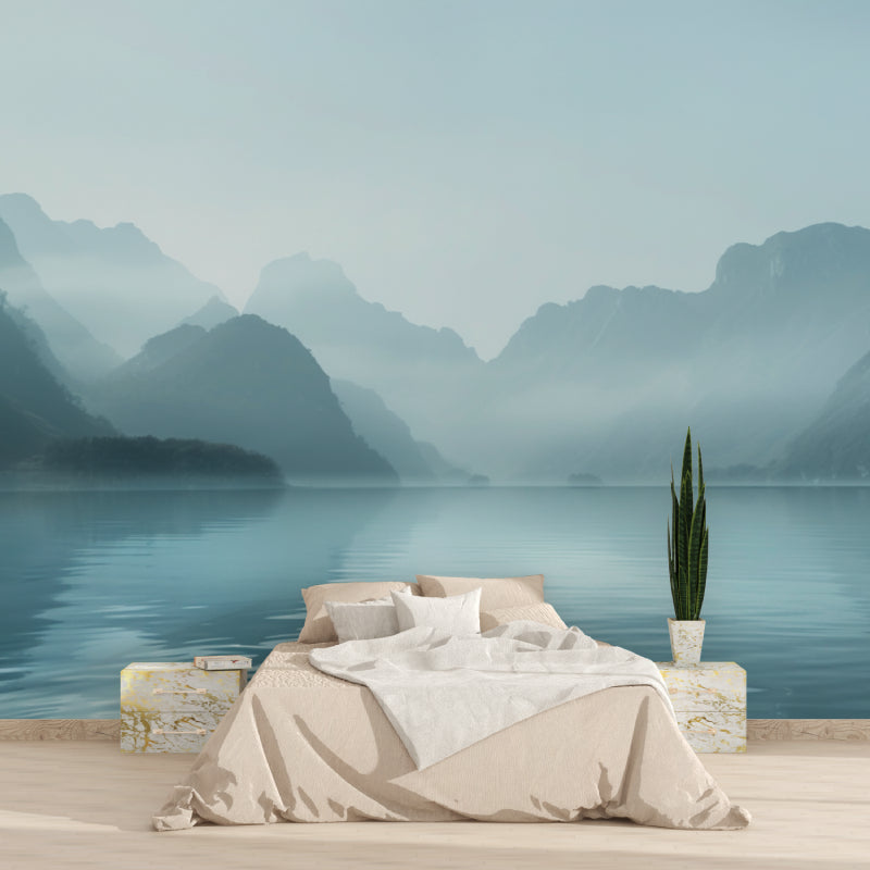 Peaceful mountain mural in master bedroom with natural light