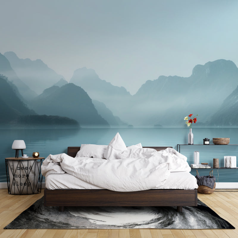 Mountain scenery wallpaper in minimalist dining room setting