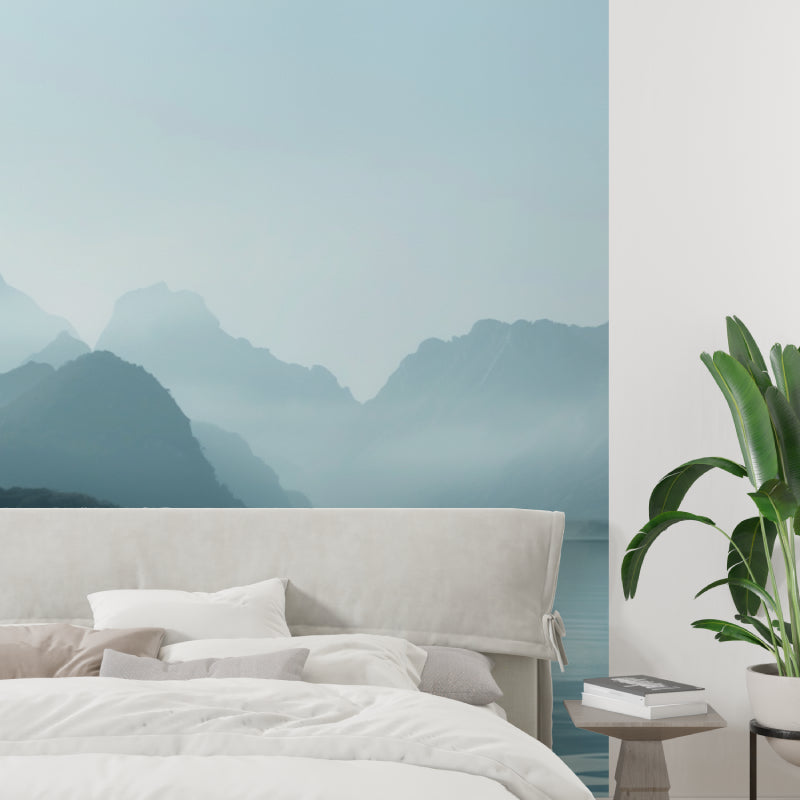 Lake landscape mural adding depth to home office space