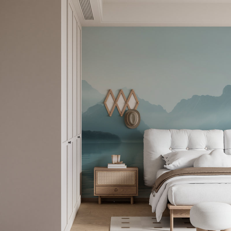 Mountain wall mural in meditation room with soft lighting
