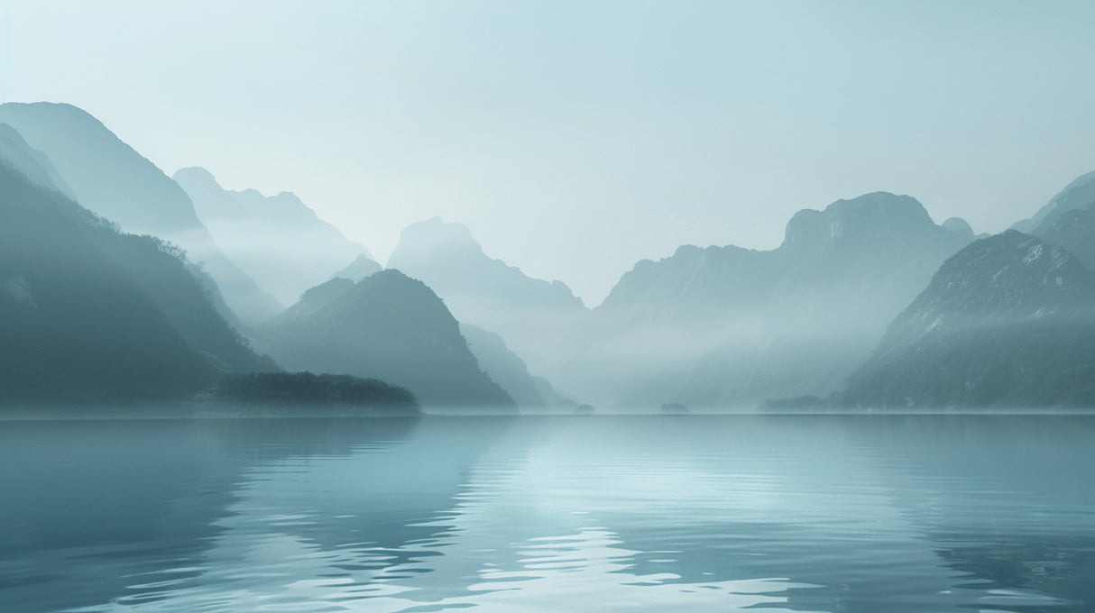 Mountain lake design file showing misty peaks and reflective water pattern