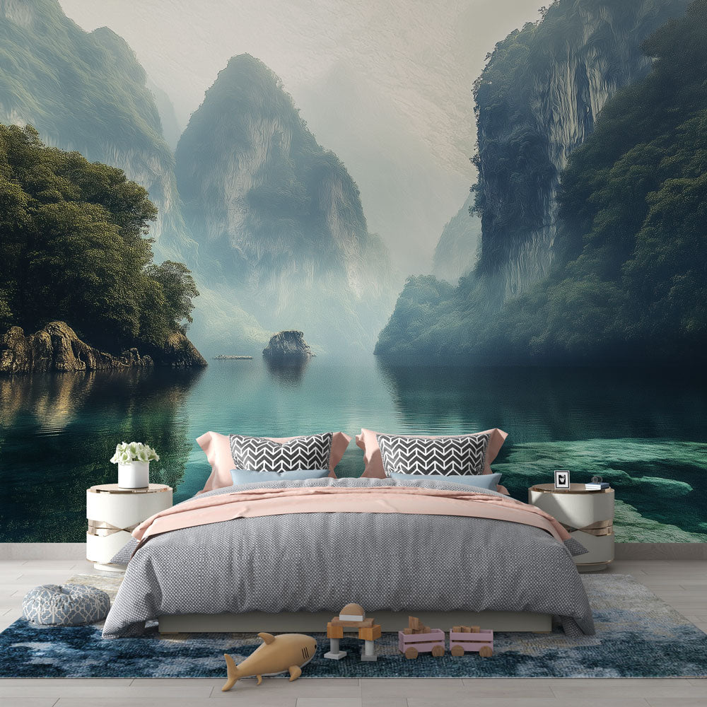 Mountain lake wallpaper mural creating depth in a modern living room with clean furniture and natural light