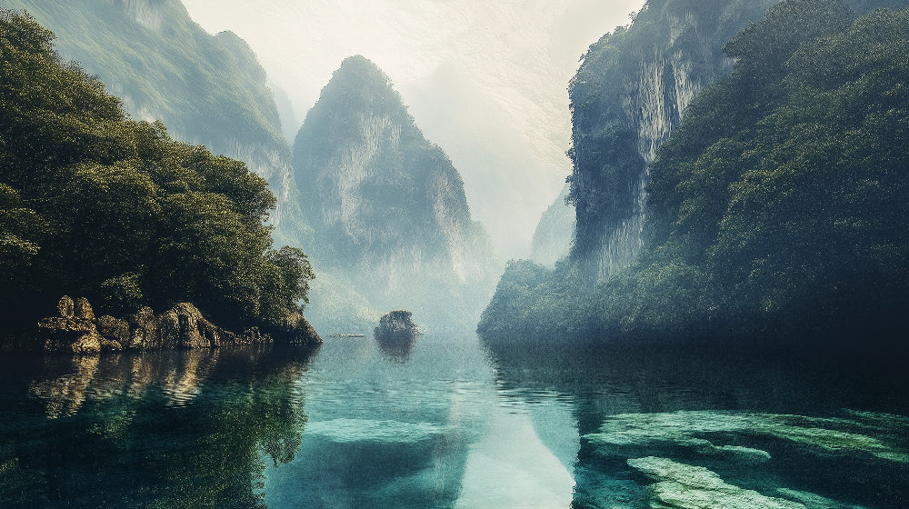 Mountain lake wallpaper design file showing misty peaks and turquoise waters