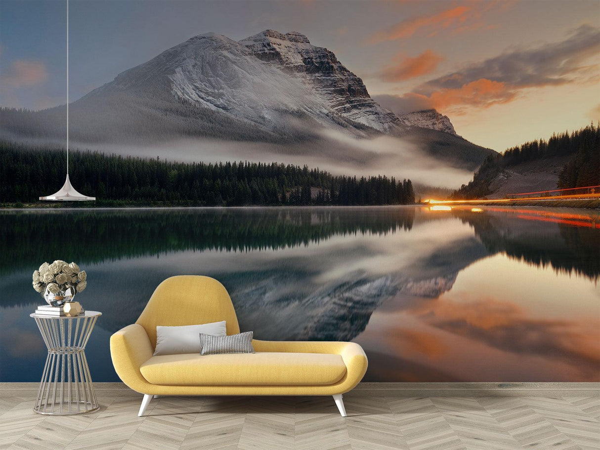 Mountain landscape mural in master bedroom creating serene sleeping environment