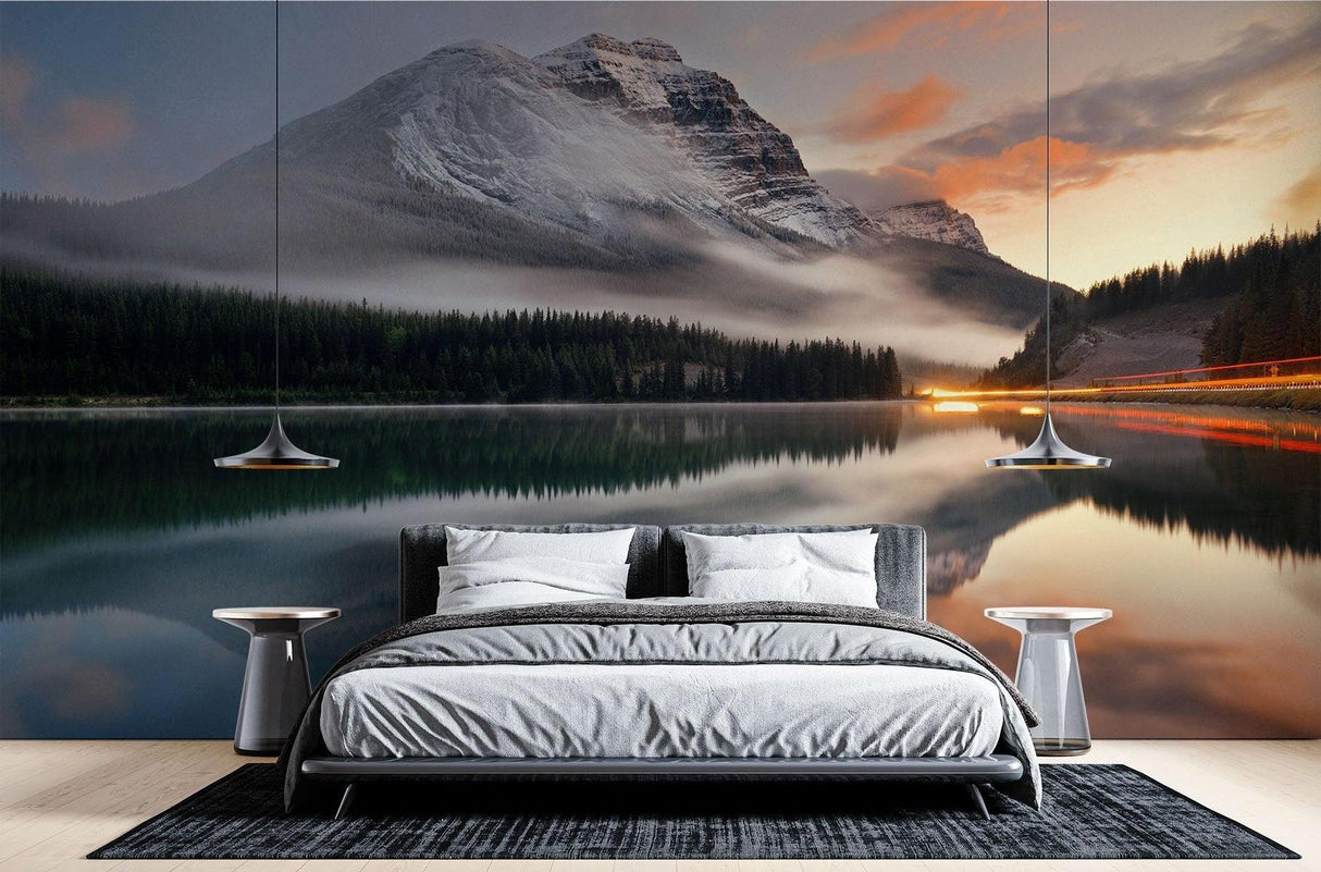 Lake reflection wallpaper in home office setting with natural light