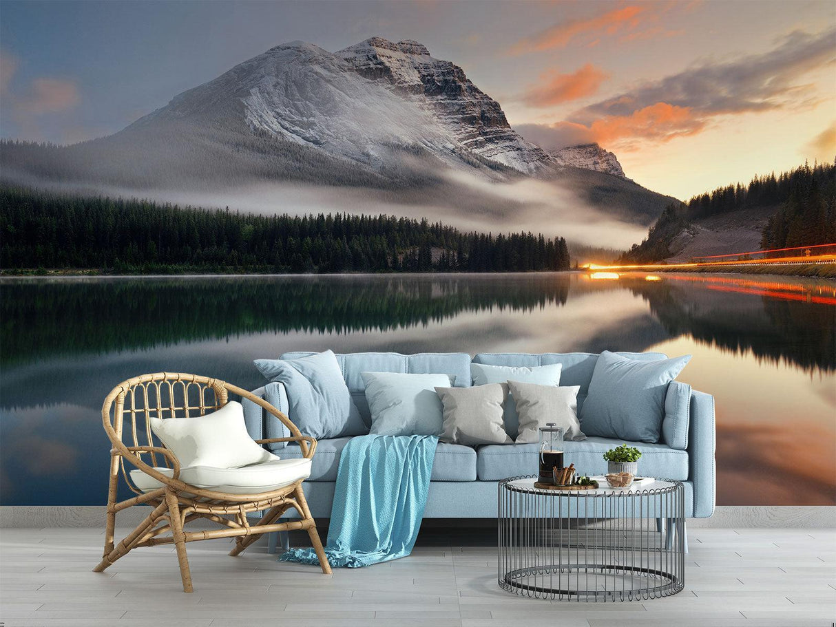 Mountain vista mural in dining room showing evening lighting effect