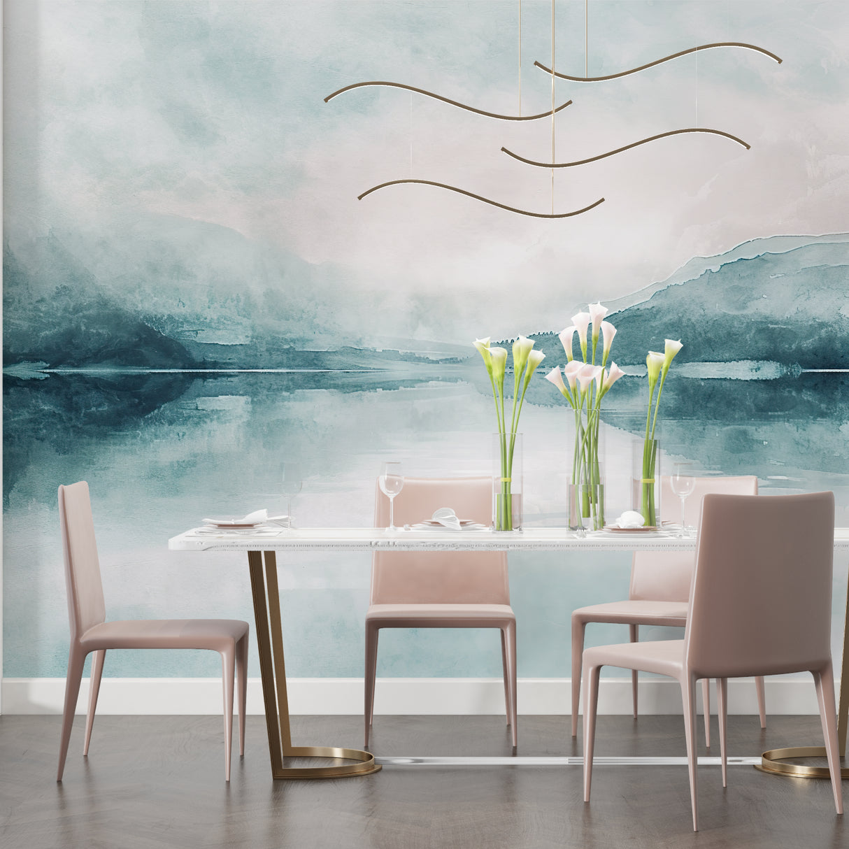 Mountain lake wallpaper mural creating depth in modern living room with grey sofa