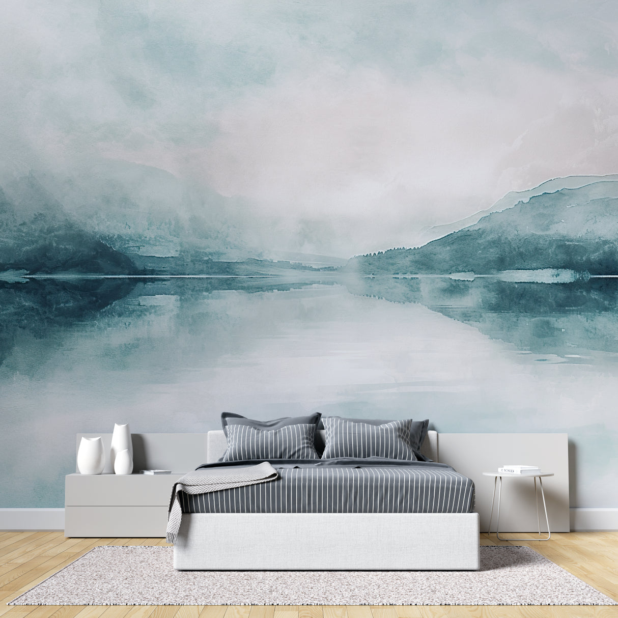 Serene bedroom with mountain lake mural wallpaper behind bed