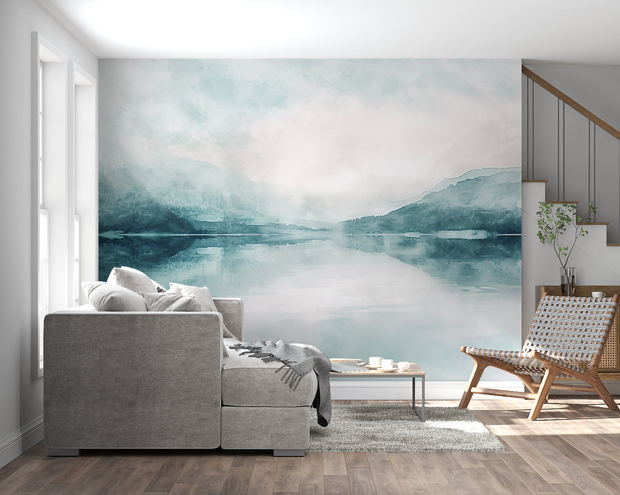 Home office featuring calming lake and mountain landscape wallpaper