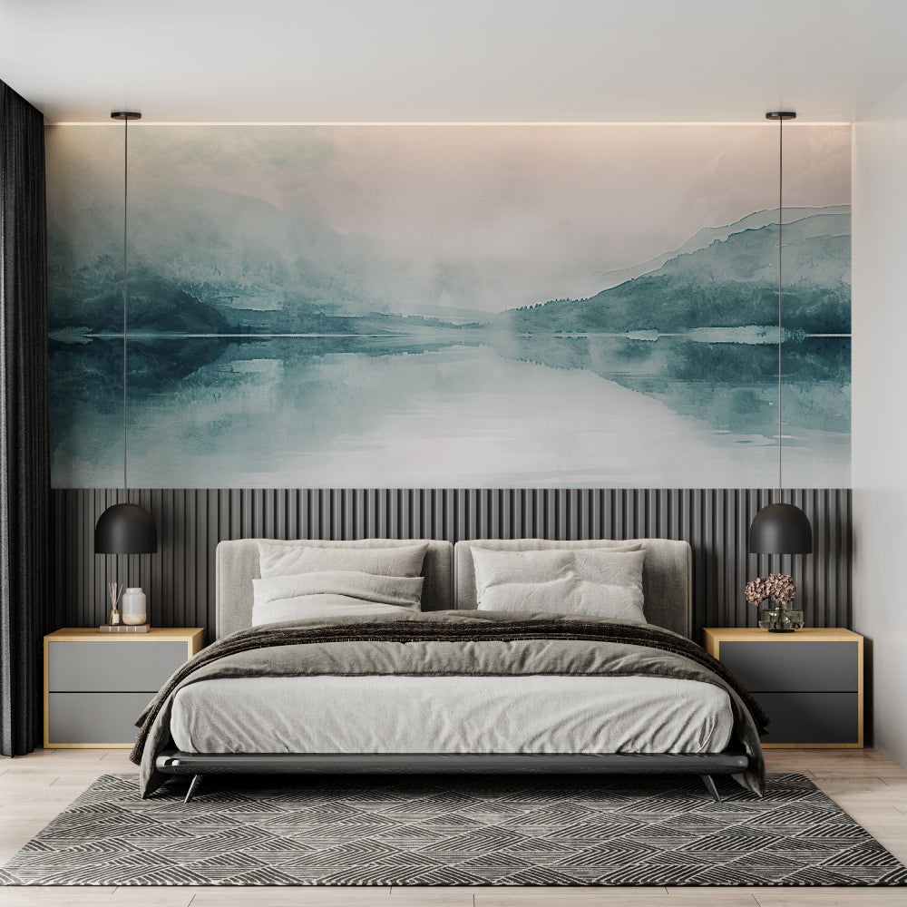 Dining room with misty mountain lake wallpaper creating peaceful atmosphere