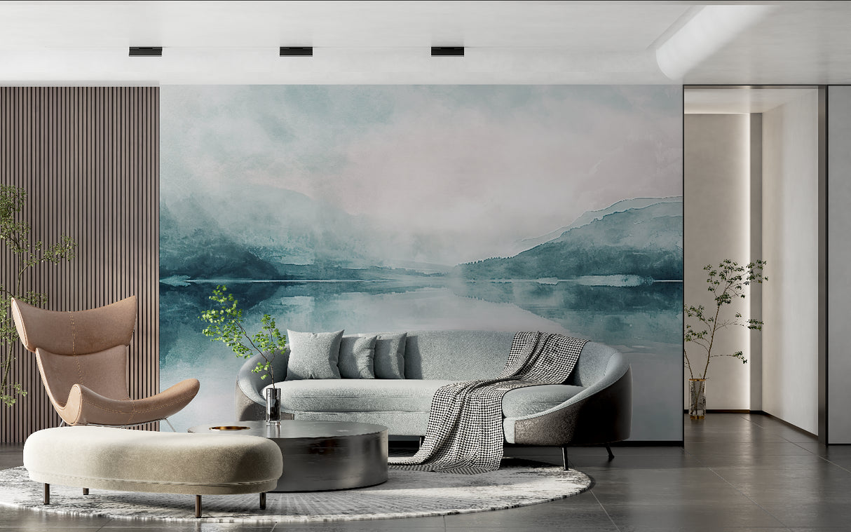 Mountain lake wallpaper adding depth to minimalist hallway
