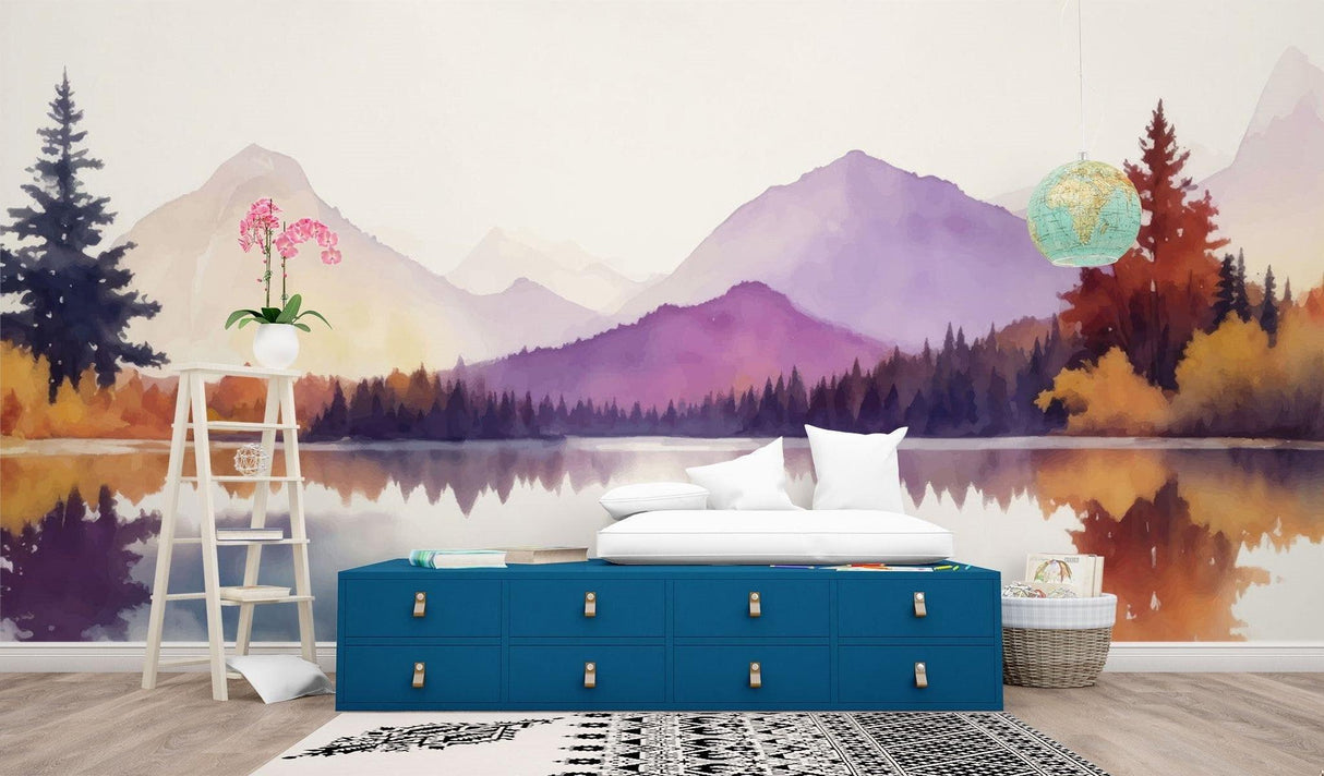 Mountain lake wallpaper mural in modern living room with purple sunset tones creating depth
