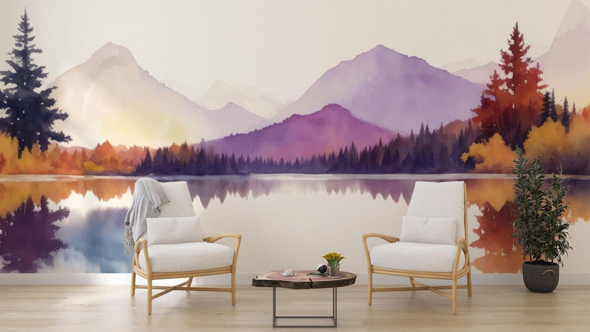 Purple mountain wallpaper featured in cozy bedroom setting with natural light
