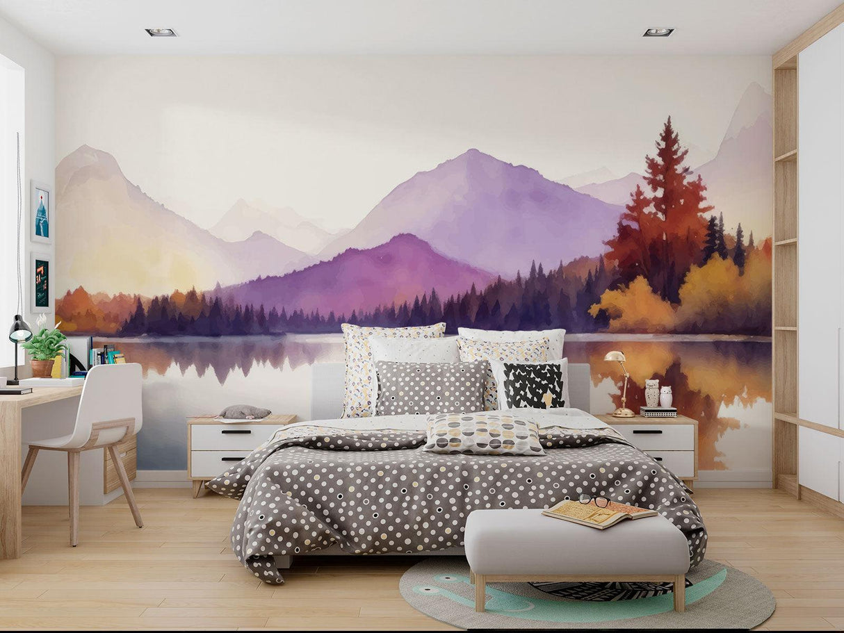 Watercolor landscape mural in minimalist dining room showing scale and impact