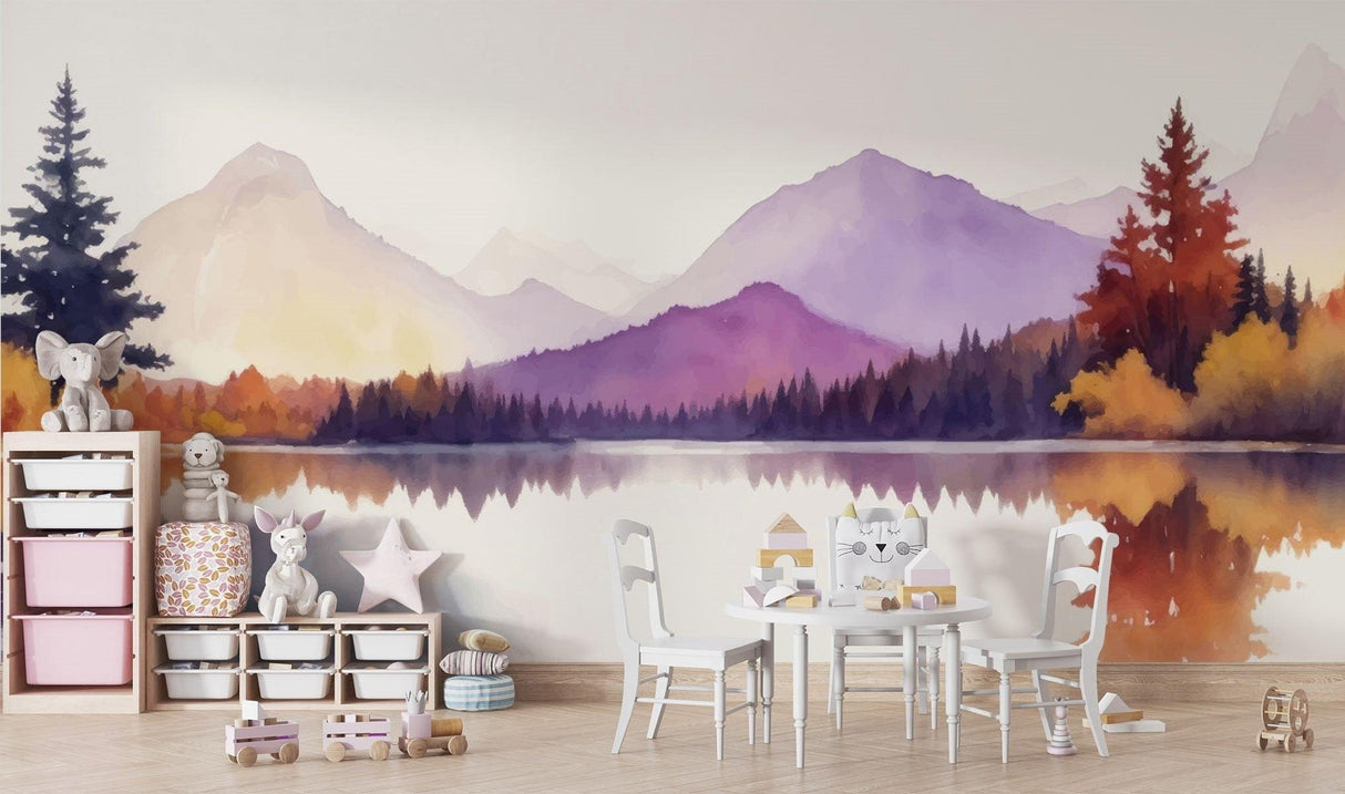 Mountain wall mural in home office creating peaceful work environment