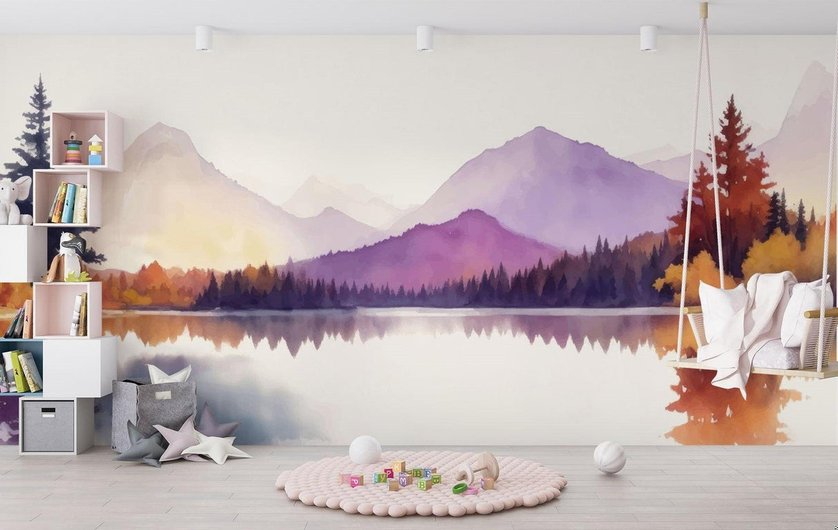 Purple sunset mountain mural in meditation room showing calming effect