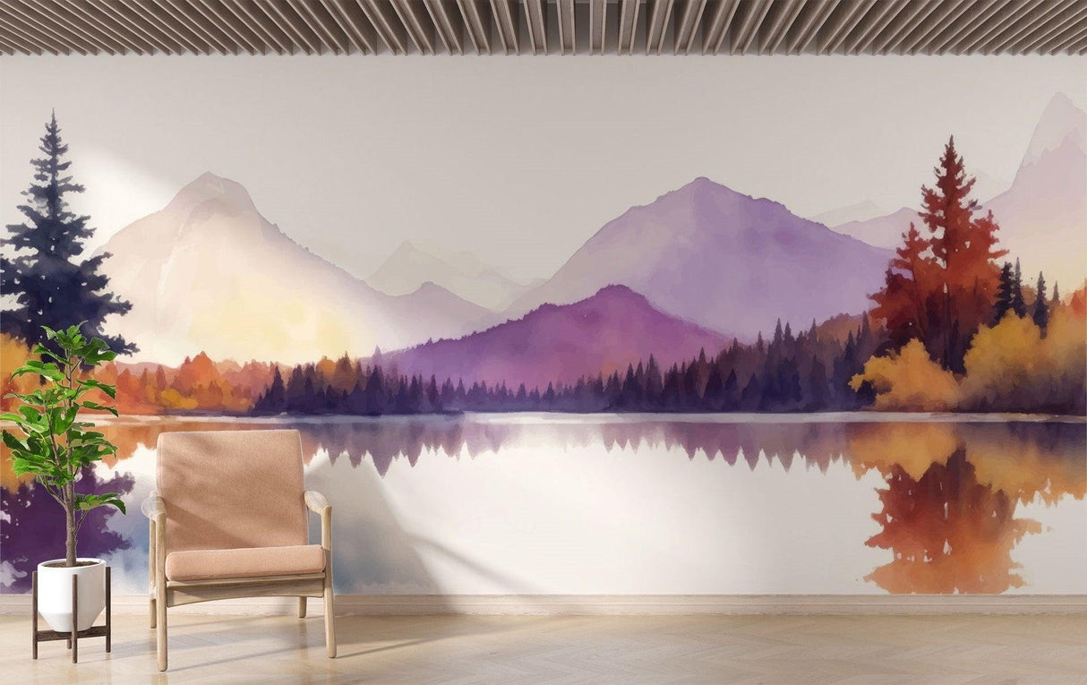 Watercolor mountain landscape in hotel lobby displaying commercial application
