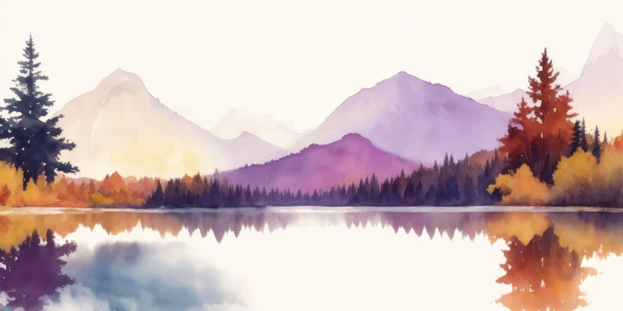 Mountain lake watercolor design file showing intricate purple sunset details and reflections