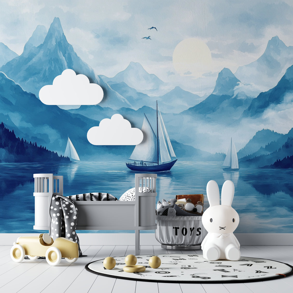 Mountain lake wallpaper creating depth in a modern living room with minimal furniture