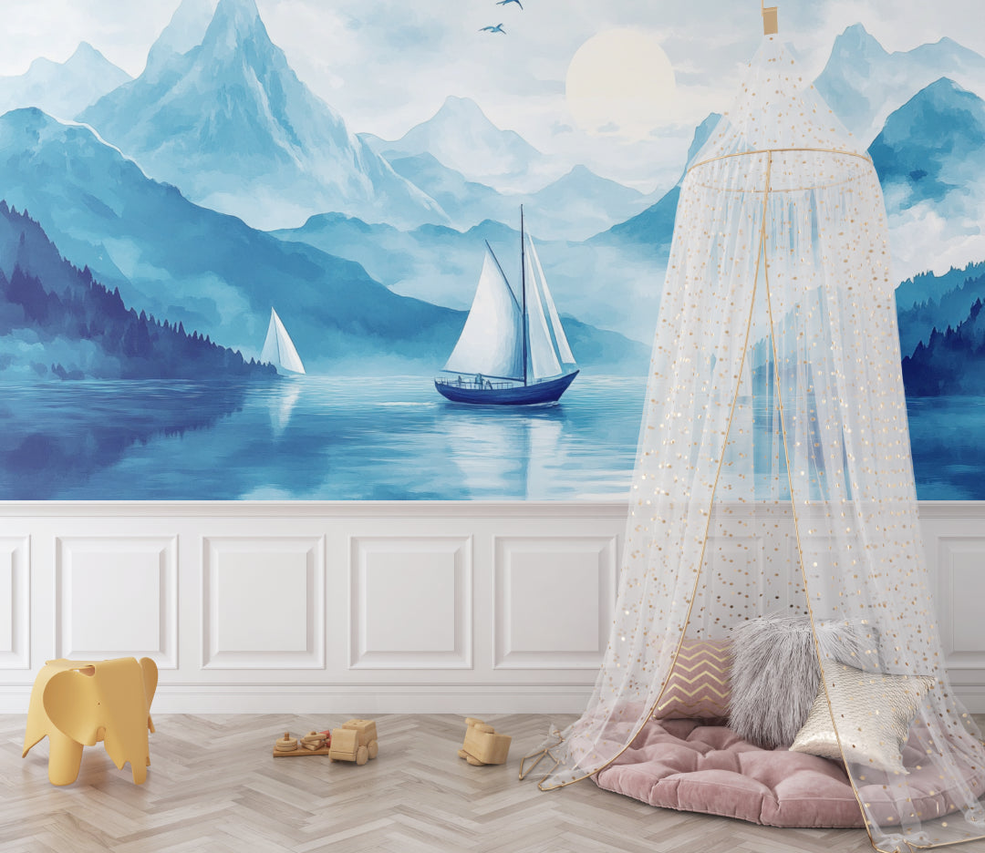 Scenic lake mural wallpaper transforming a master bedroom into a peaceful retreat