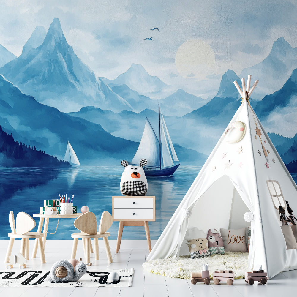 Mountain landscape wallpaper adding serenity to a home office space