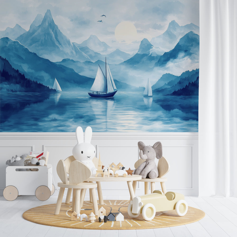 Lake and mountain mural making a dining room feel more spacious