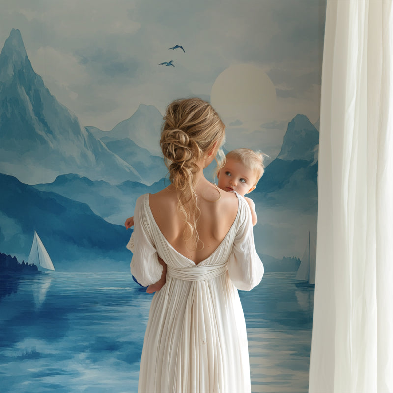 Misty peaks wallpaper creating a calm atmosphere in a reading nook