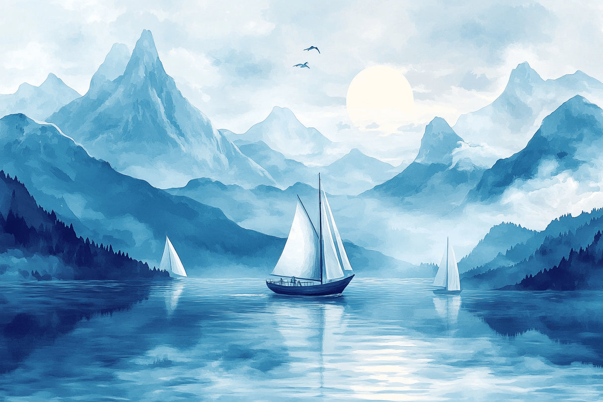 Mountain lake design file showing detailed misty peaks and sailing boats pattern