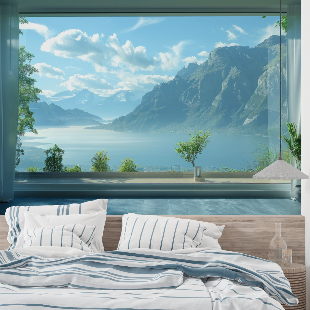 Mountain lake wallpaper creating depth in modern living room with grey sofa and natural light