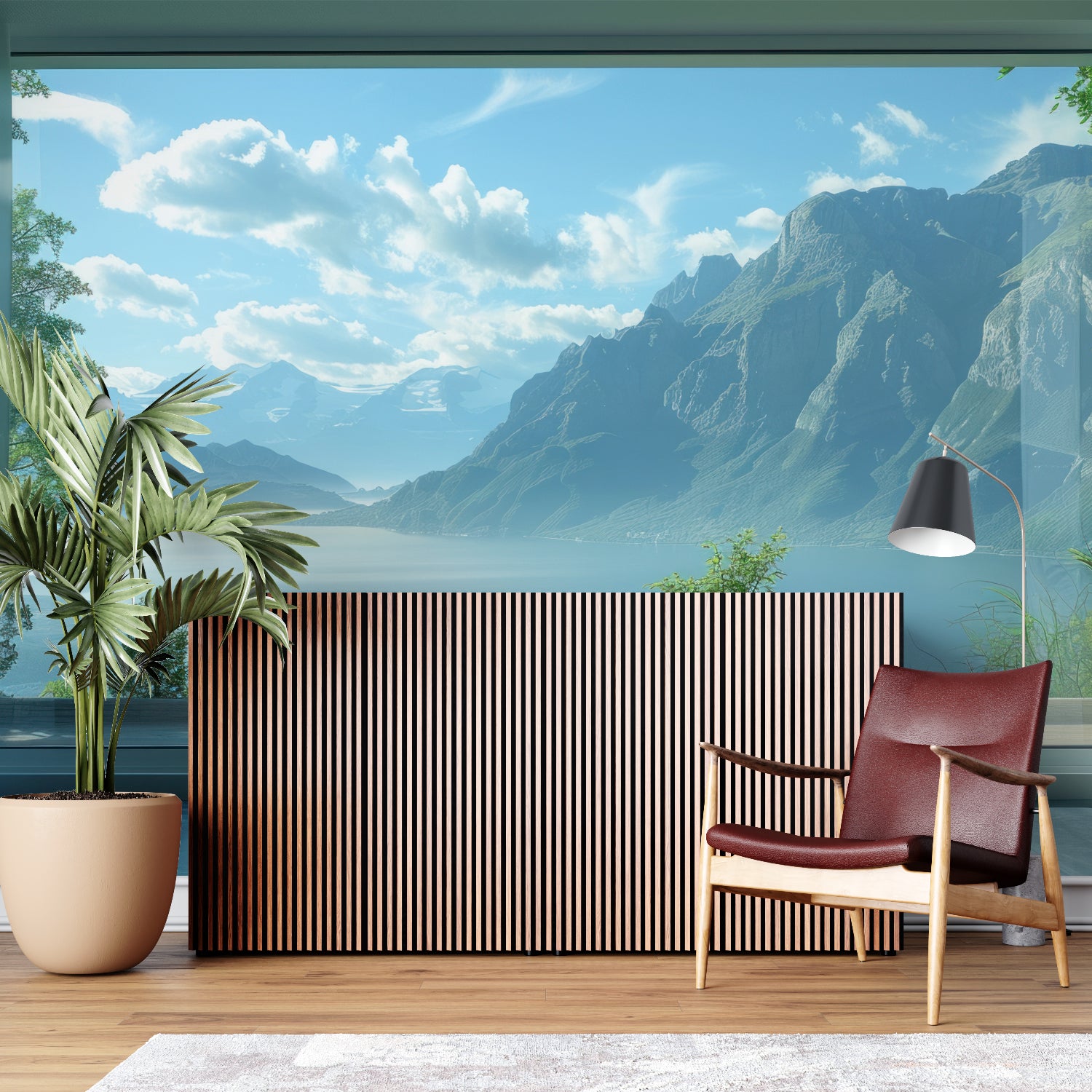 Panoramic mountain mural transforming master bedroom with lake reflection views