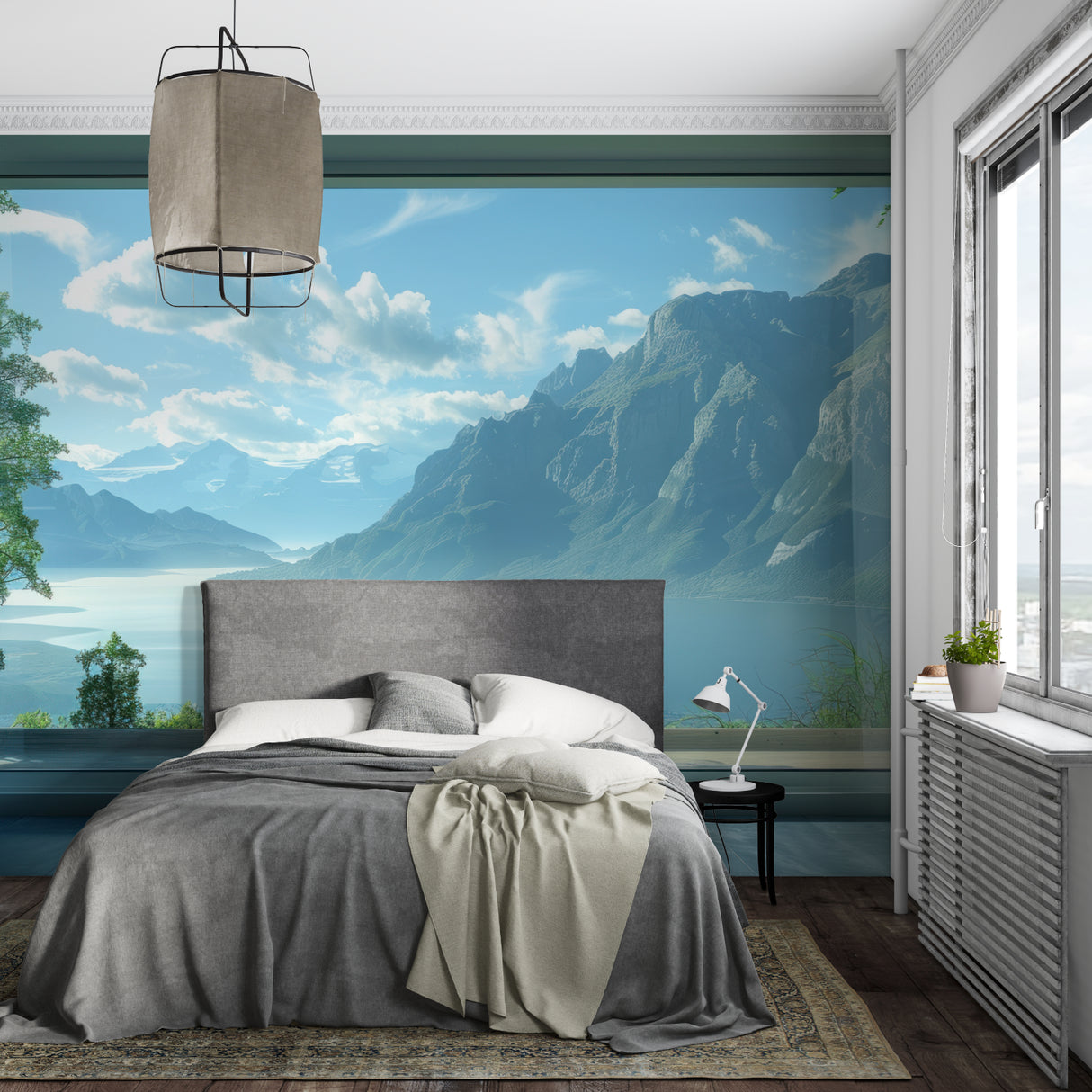 Alpine lake vista wallpaper making small office feel spacious