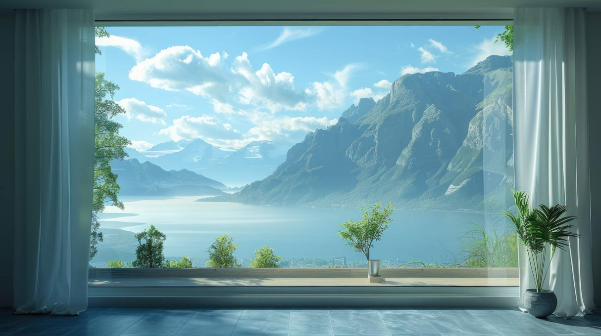 Mountain lake wallpaper design file showing full panoramic pattern with crystal clear waters and peaks