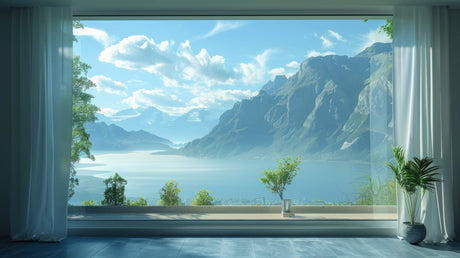 Mountain lake wallpaper design file showing full panoramic pattern with crystal clear waters and peaks