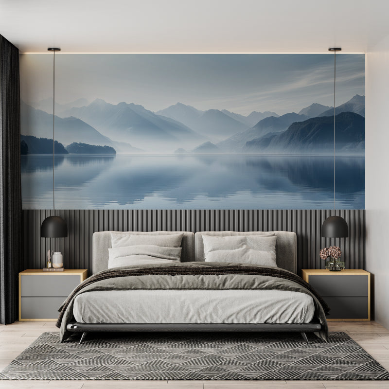 Serene mountain landscape mural in master bedroom with minimal decor