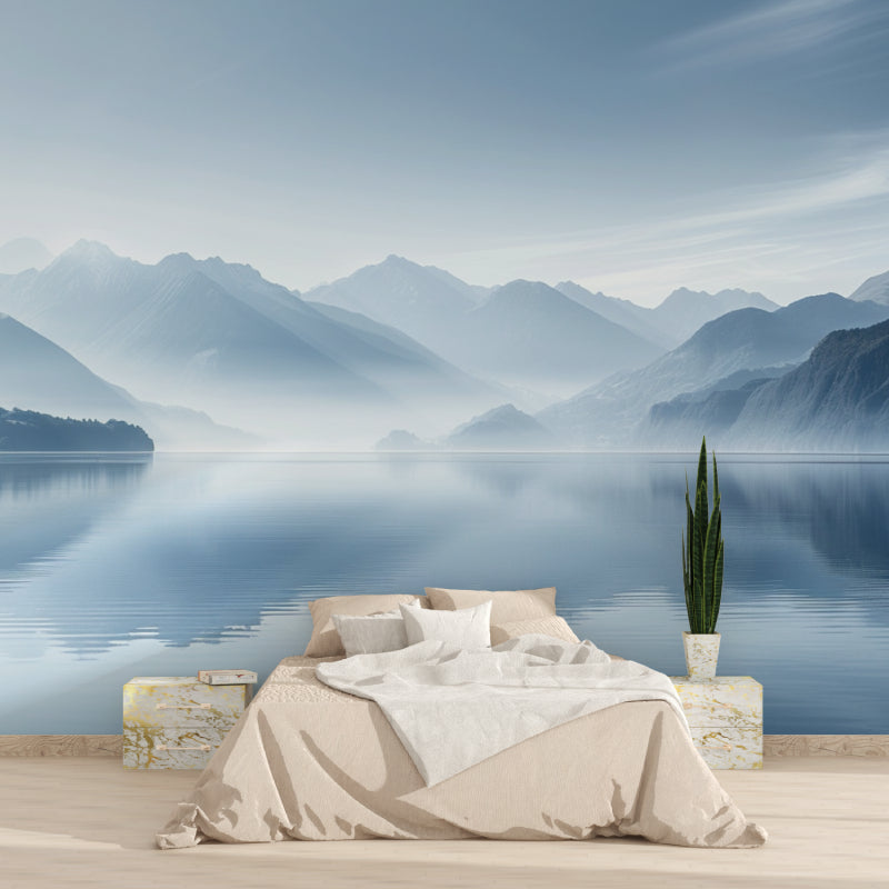 Mountain lake wall mural bringing nature into home office space