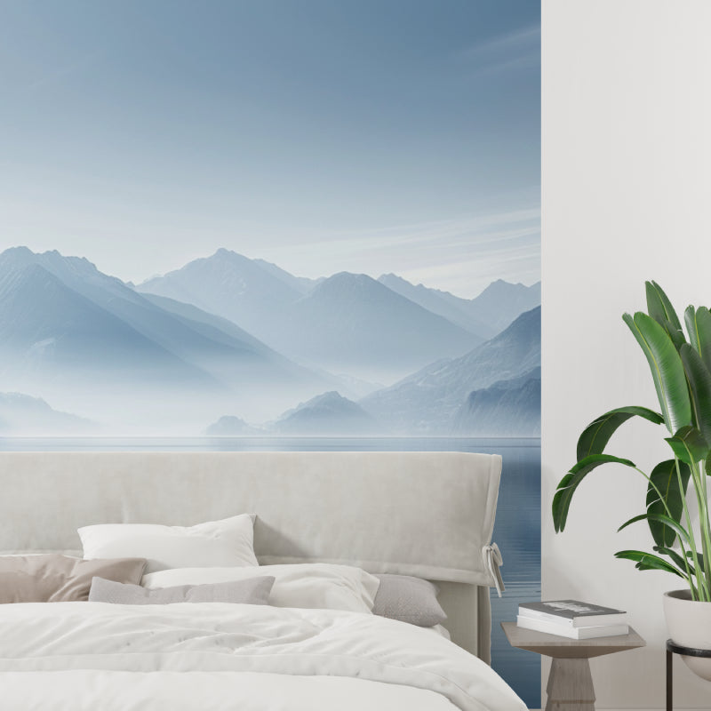 Misty mountain wallpaper creating calm atmosphere in meditation room