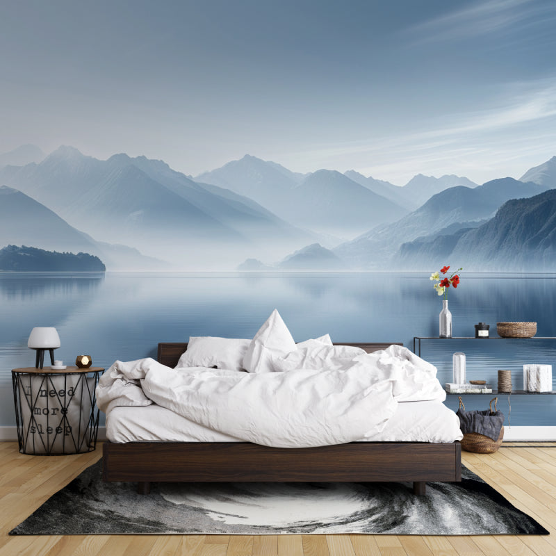 Lake view mural wallpaper in dining room with natural wood furniture
