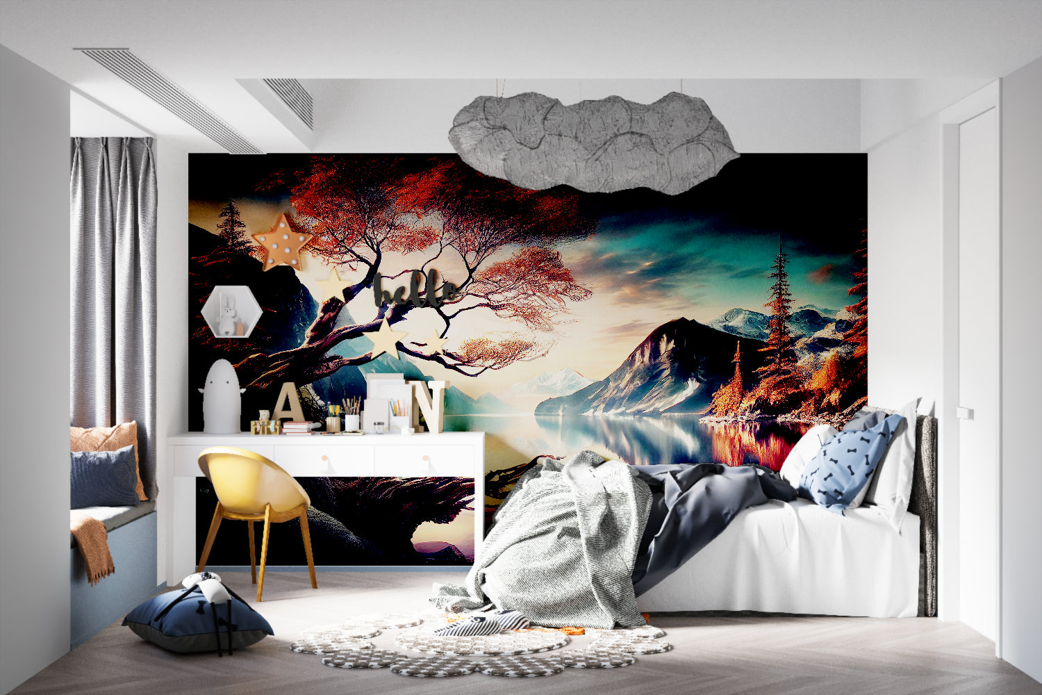 Mountain lake wallpaper creating depth in modern living room with sunset colors reflecting off white furniture