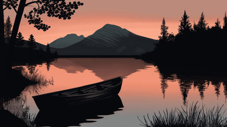 Mountain lake wallpaper creating depth in modern living room, sunset colors reflecting off white furniture