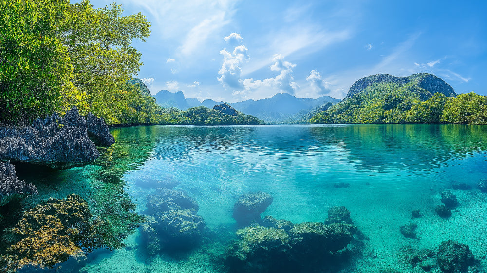 Mountain lake wallpaper design file showing detailed turquoise waters and forest landscape pattern