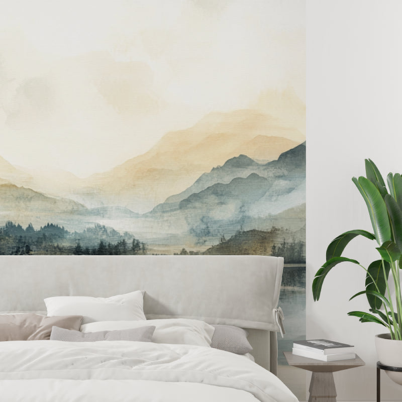 Lake landscape wallpaper in home office setting, perfect for focus and calm