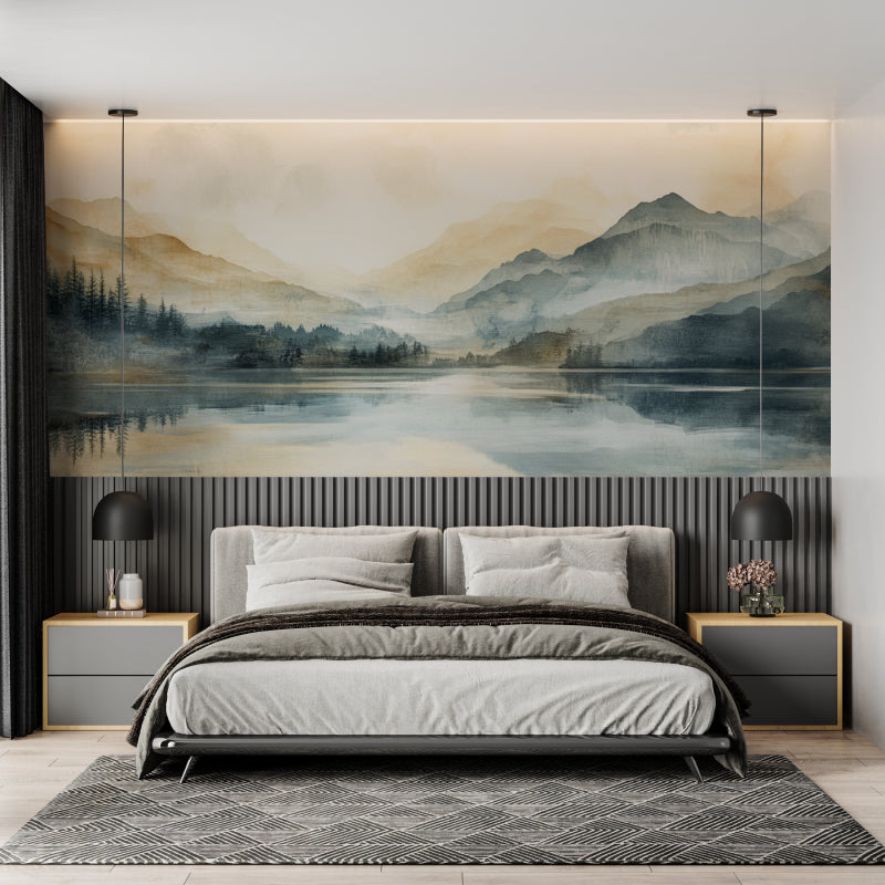 Mountain scene wallpaper in dining room, creating sophisticated dinner atmosphere