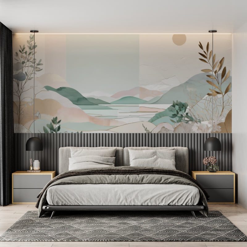 Mountain lake wallpaper mural in a bright modern living room, creating a serene atmosphere with soft pastel tones