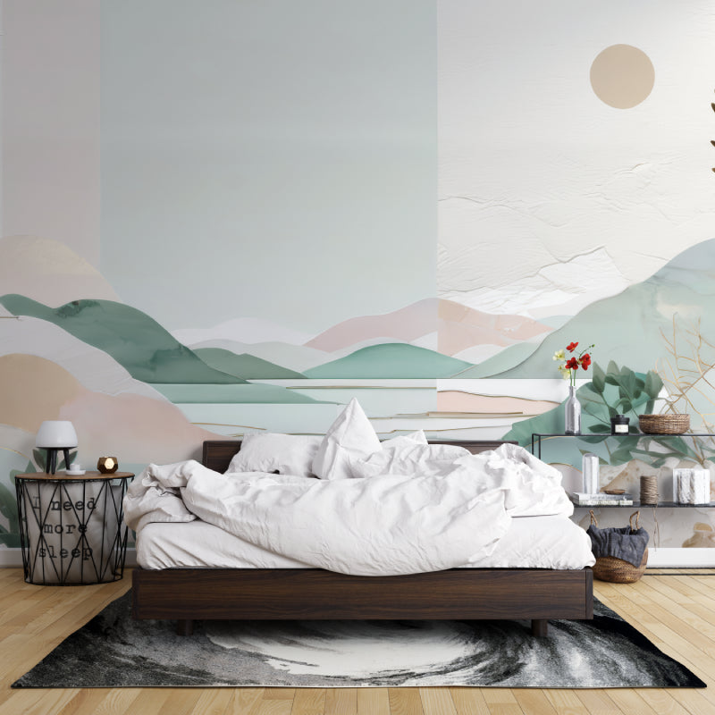 Nature wall mural featuring mountain lake scene in a home office setting
