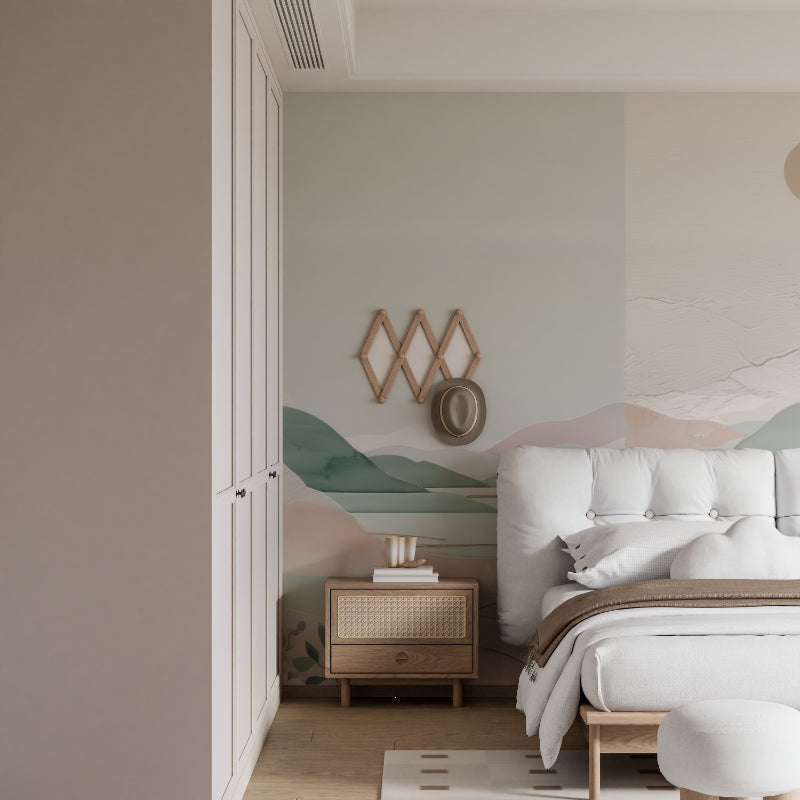 Mountain landscape wallpaper showcased in a dining room with natural lighting