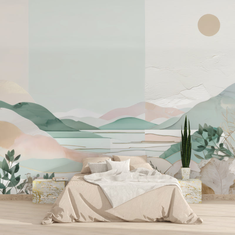 Pastel mountain mural installation in a meditation room highlighting the calming effect